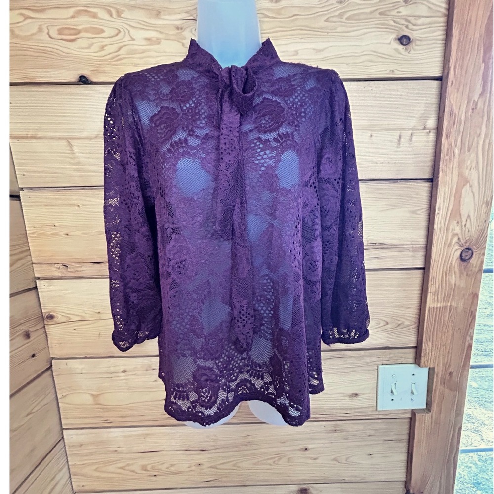 Vintage Purple Floral Lace Tie Neck Blouse Sheer Long Sleeve‎ Top Plum